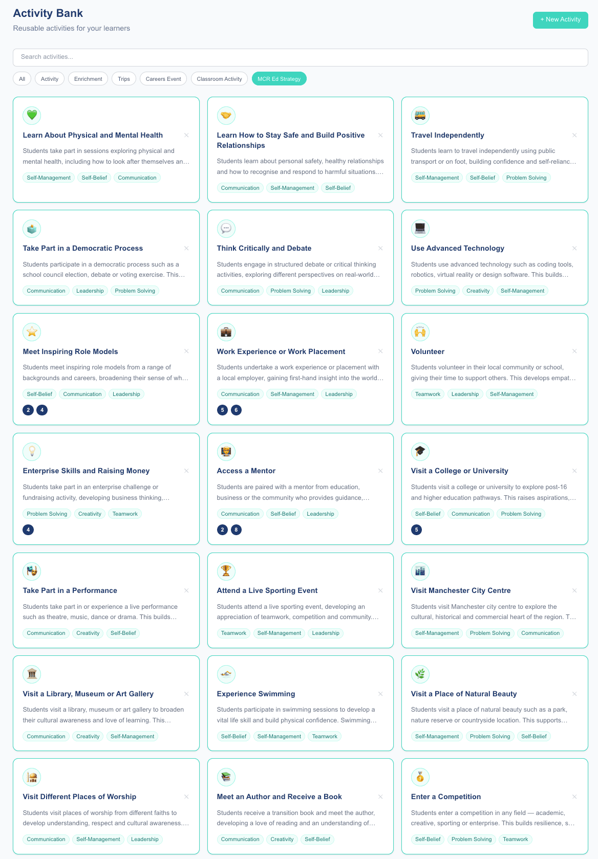 Activity Bank showing reusable activities with skill tags and Gatsby labels